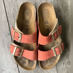 Birkenstock Coral/ Tan Arizona Sandals Two Tone with Gold Buckles